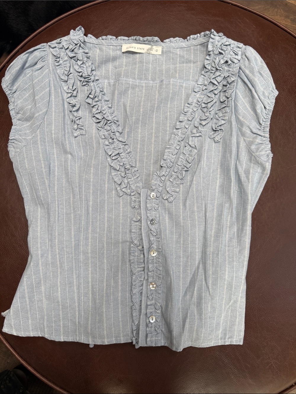 Altar'd State Light Blue Pinstripe Ruffle-Trim Button Top